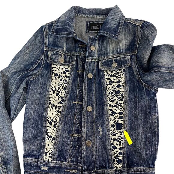 Studio M Dress Womens Medium Cottagecore Peasant Denim Jacket Orange Blue Lace - Picture 11 of 16